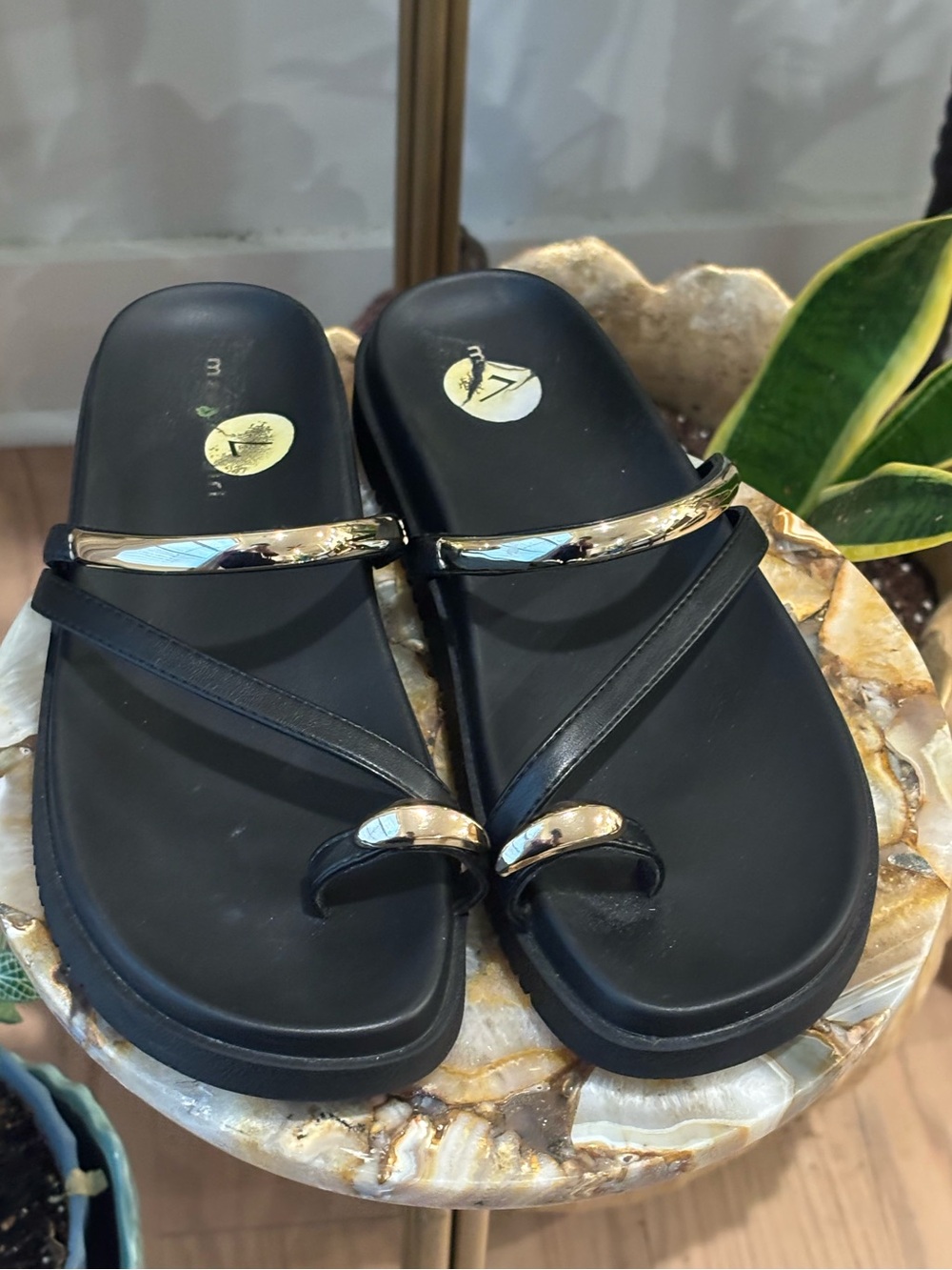 Madden Girl Black Sandals with Gold Accents